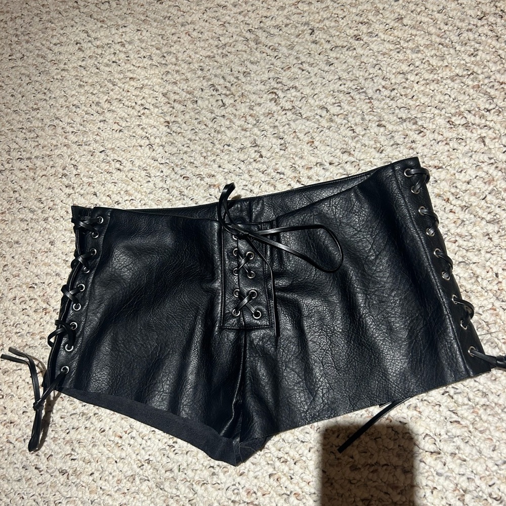 Black Lace-Up Leather Shorts